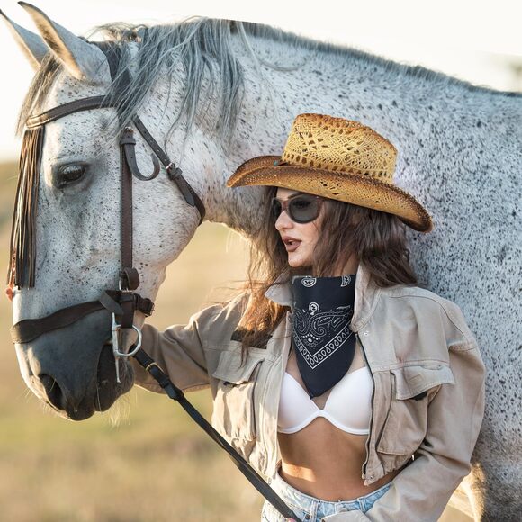 3246 Straw Cowboy Hat Western With Glasses And Bandana, Hat Size Fits 22.04 To main image 8